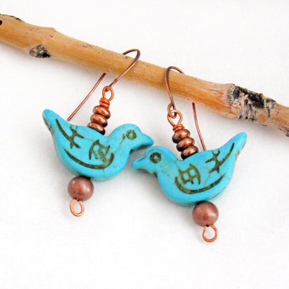 Handmade Blue Bird Earrings with Turquoise Magnesite and Copper Beads - Picture 4 of 4